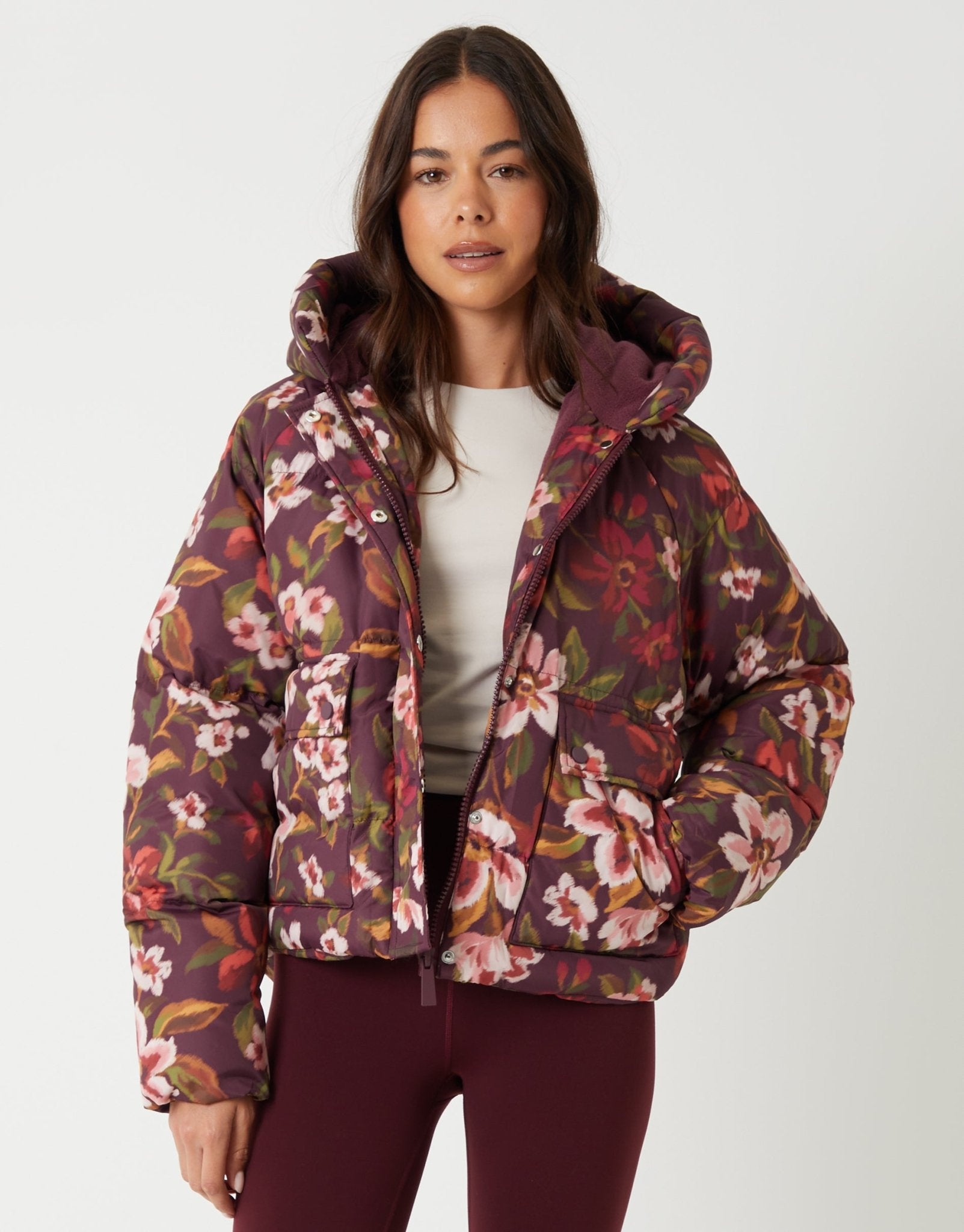 Threadbare Women's Floral Hooded Padded Jacket in Berry Red