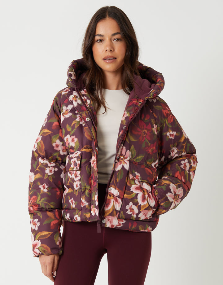 Berry Red Floral Print Hooded Padded Jacket