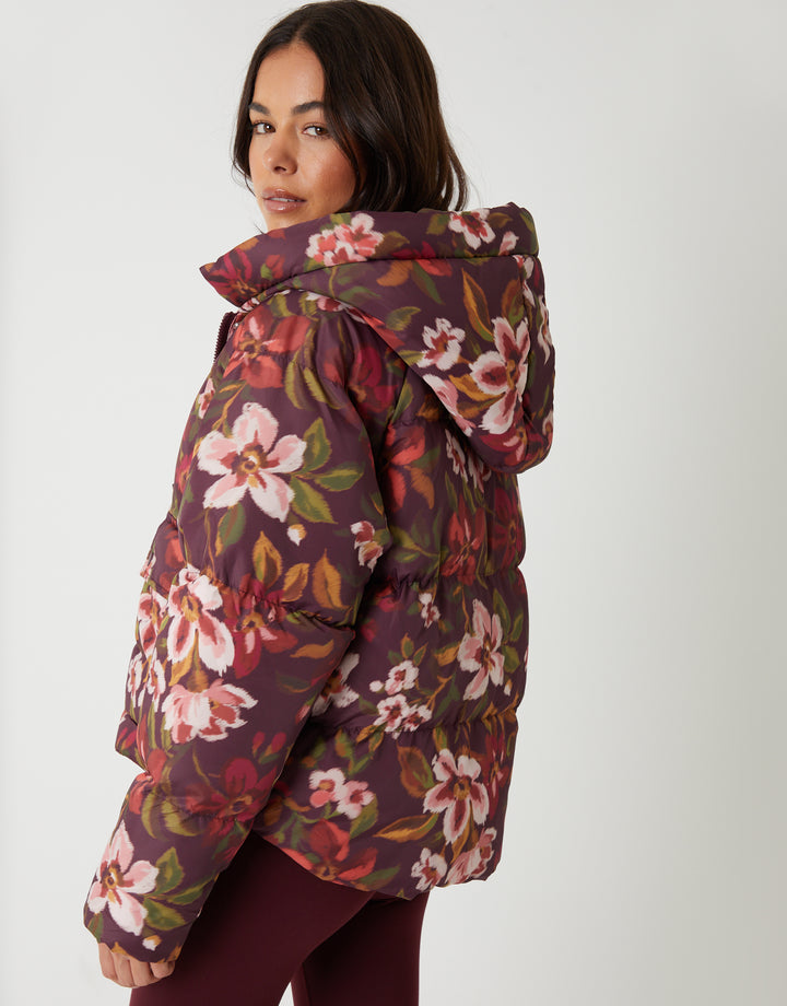 Berry Red Floral Print Hooded Padded Jacket