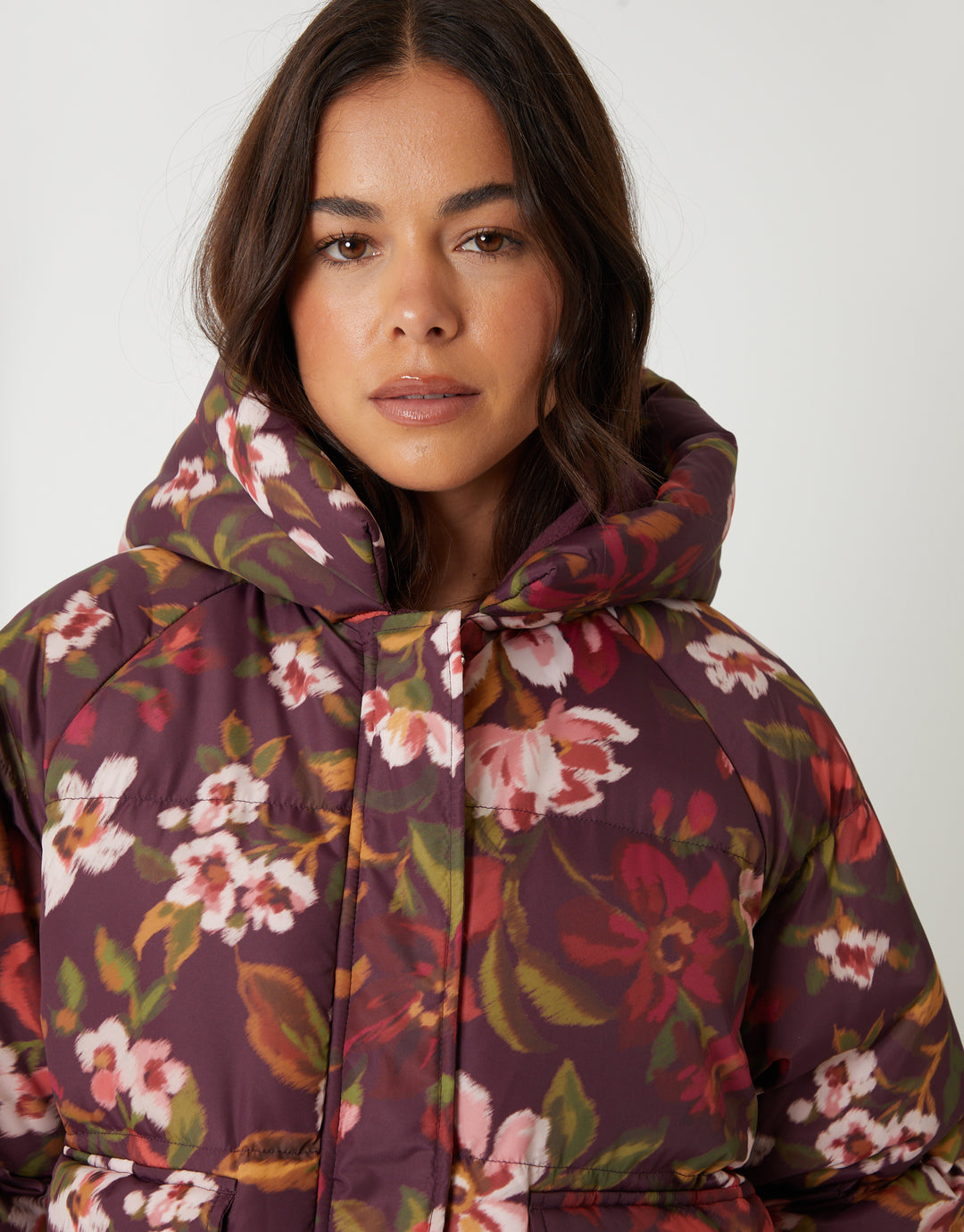 Berry Red Floral Print Hooded Padded Jacket