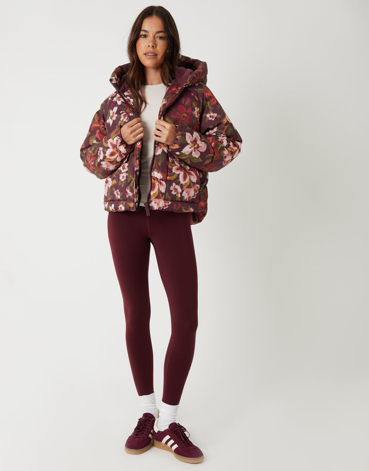 Berry Red Floral Print Hooded Padded Jacket