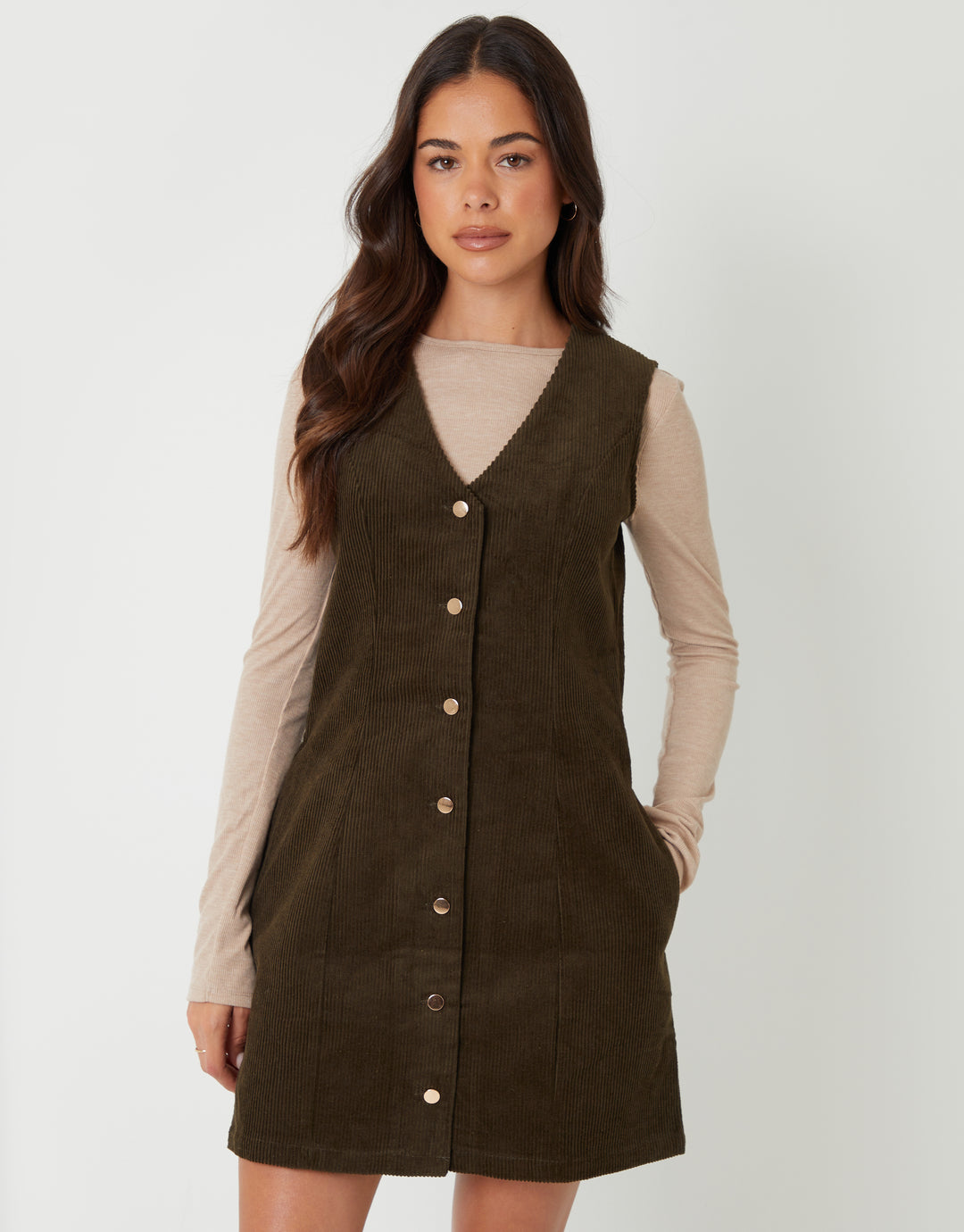 Threadbare Women's Olive Green Corduroy Waistcoat Mini Dress Threadbare Women's Olive Green Corduroy Waistcoat Mini Dress