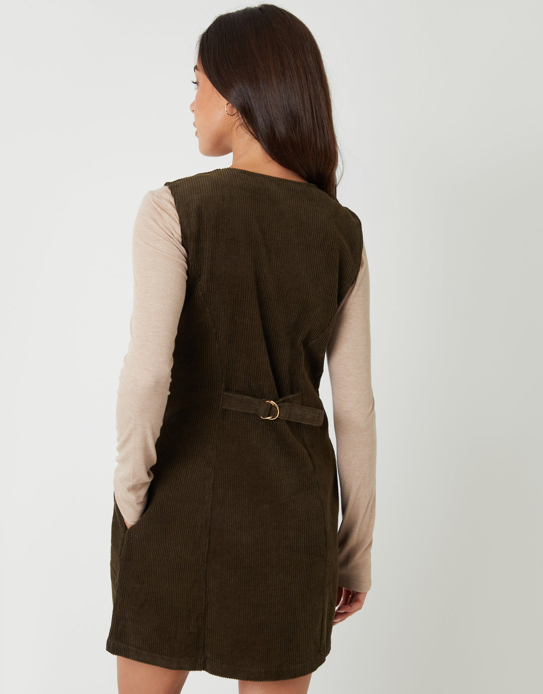 Olive Green Corduroy Waistcoat Mini Dress