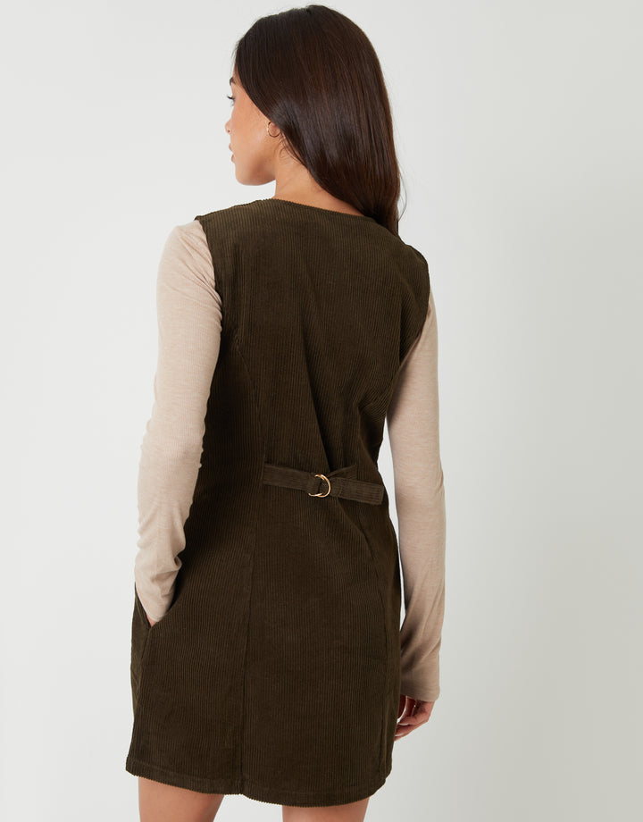 Olive Green Corduroy Waistcoat Mini Dress