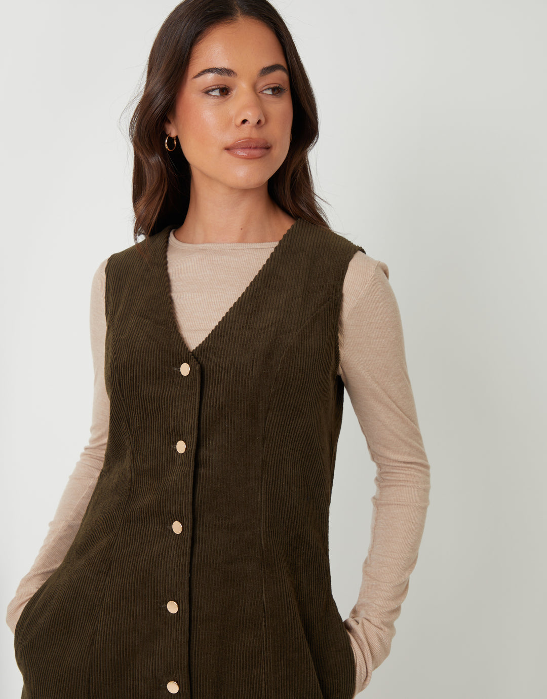 Olive Green Corduroy Waistcoat Mini Dress