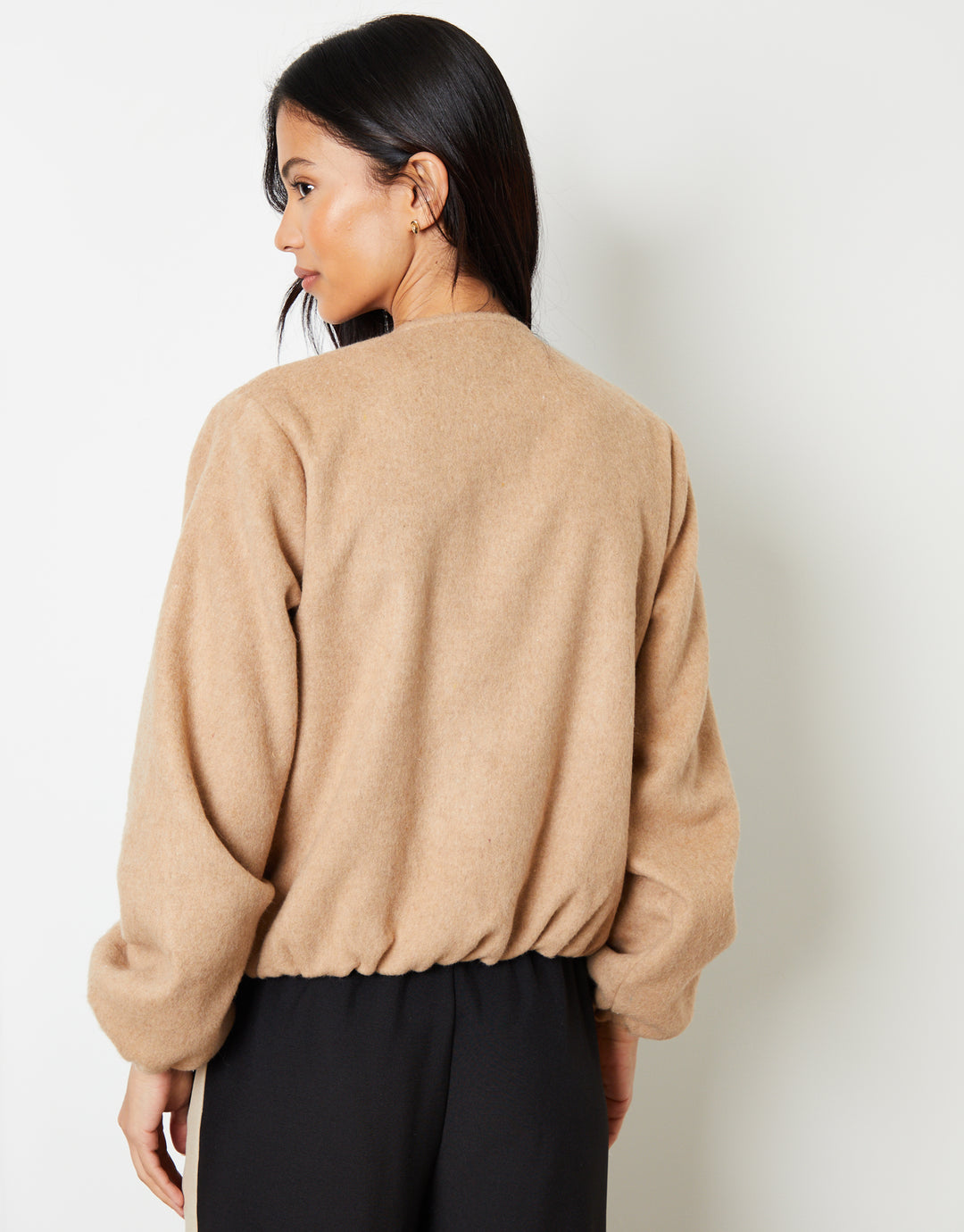 Brushed Bubble Hem Bomber Jacket in Tan Brown