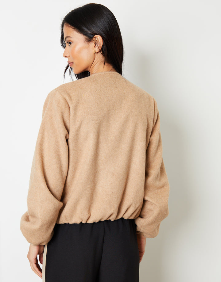 Brushed Bubble Hem Bomber Jacket in Tan Brown