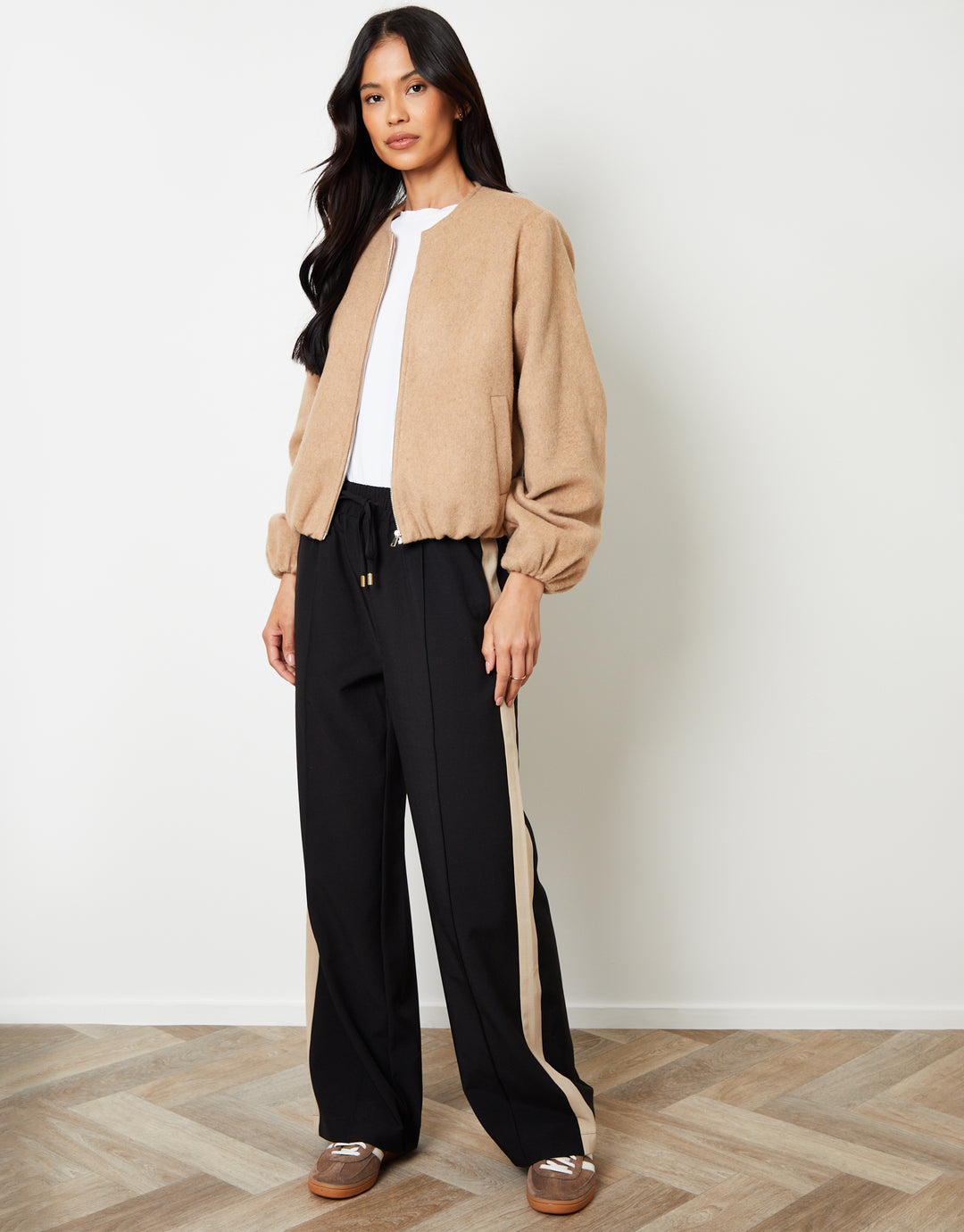 Brushed Bubble Hem Bomber Jacket in Tan Brown