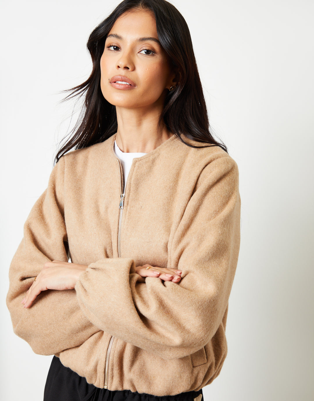 Brushed Bubble Hem Bomber Jacket in Tan Brown