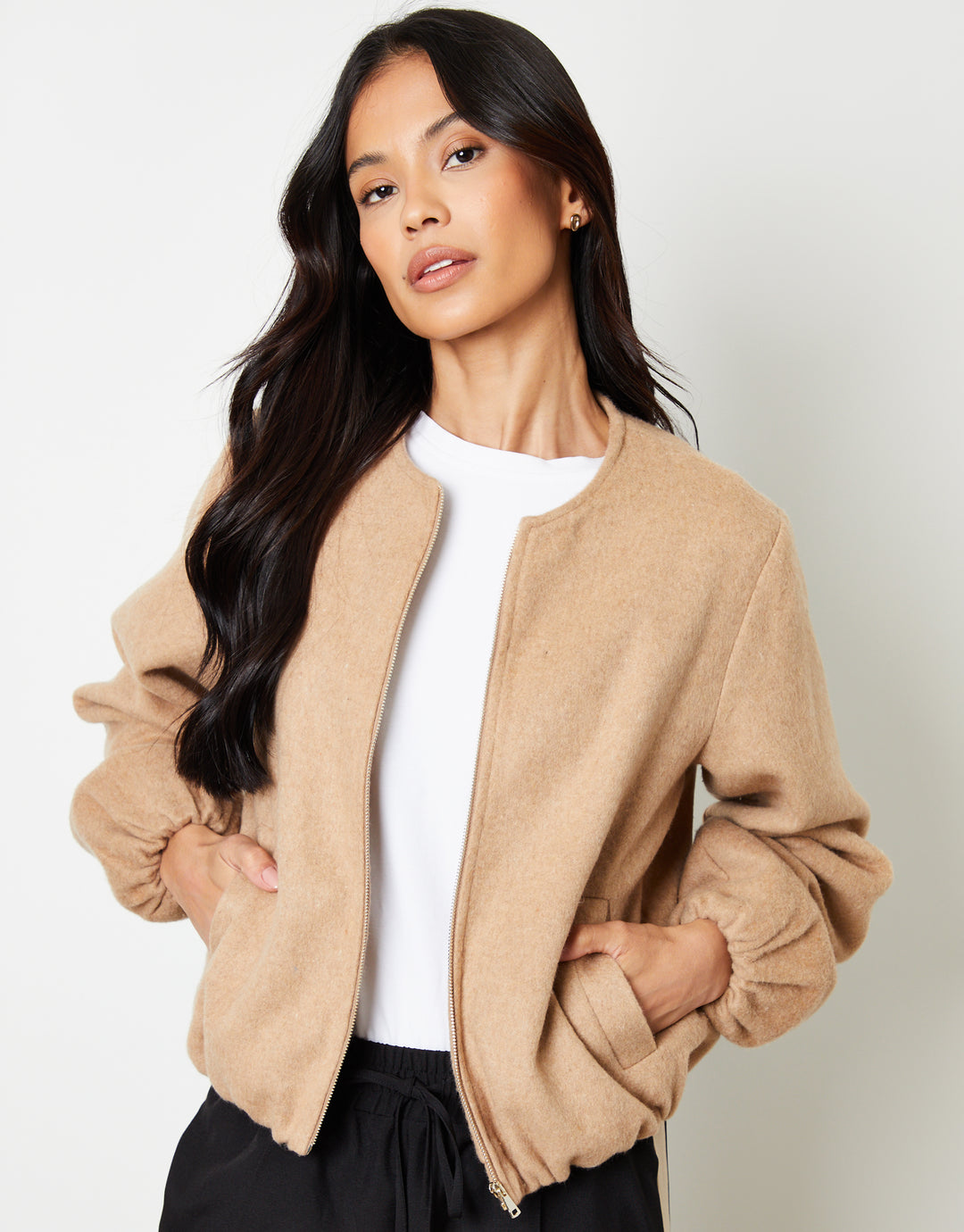 Brushed Bubble Hem Bomber Jacket in Tan Brown
