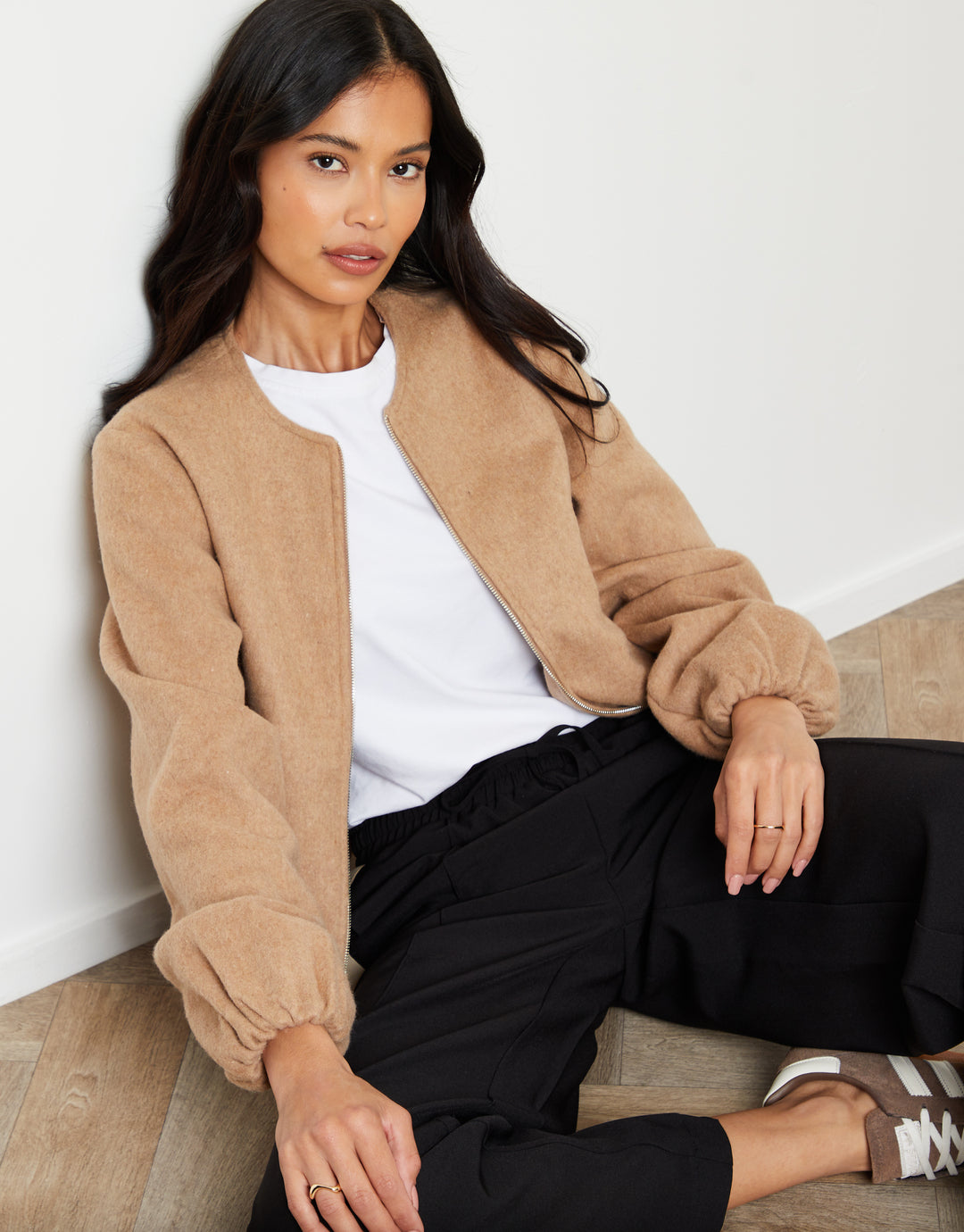 Brushed Bubble Hem Bomber Jacket in Tan Brown