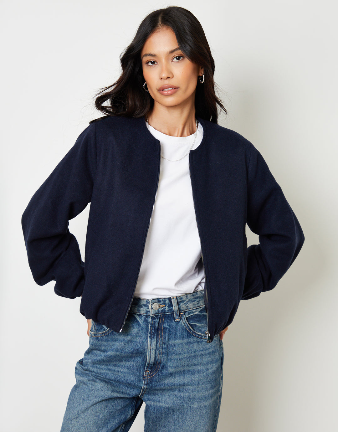 Navy Brushed Bubble Hem Bomber Jacket