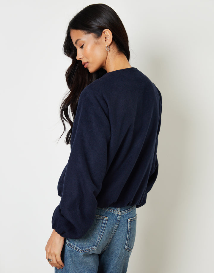 Navy Brushed Bubble Hem Bomber Jacket