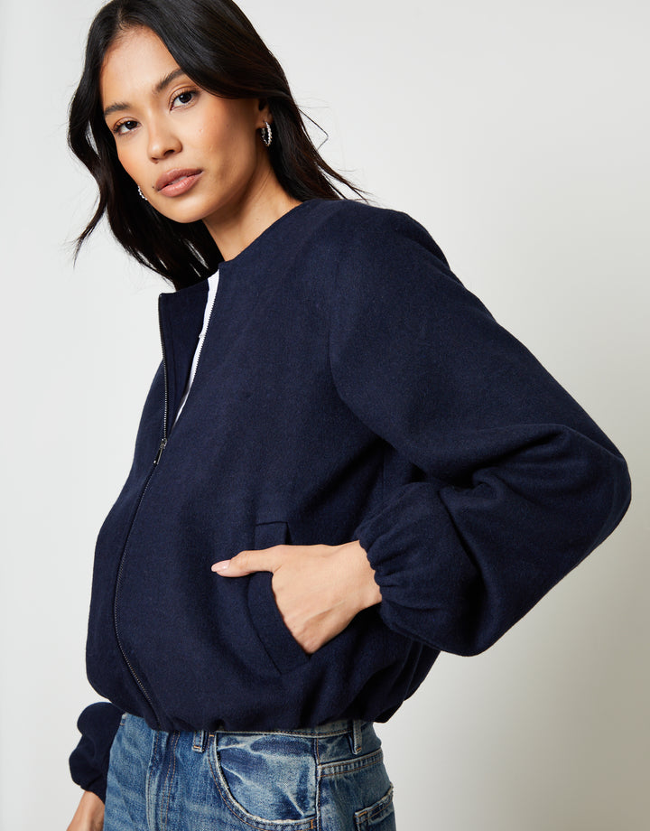 Navy Brushed Bubble Hem Bomber Jacket