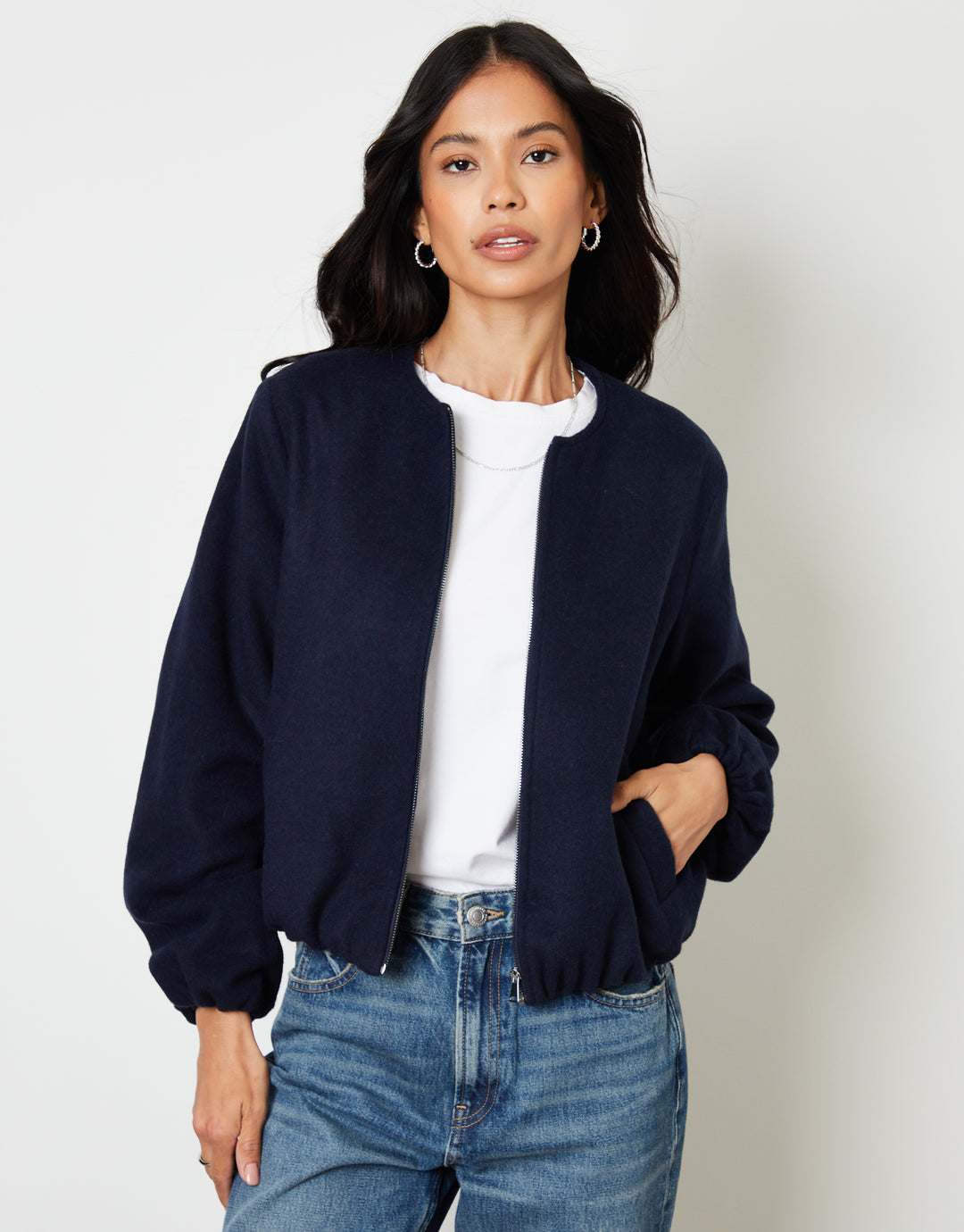 Navy Brushed Bubble Hem Bomber Jacket