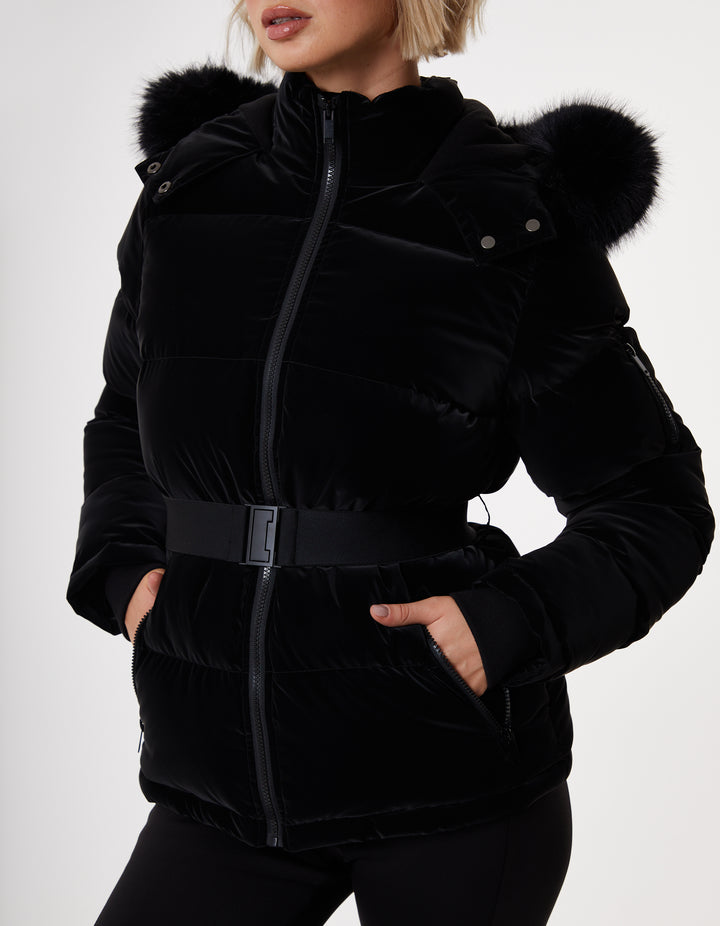 Black High Shine Belted Parka Ski Jacket