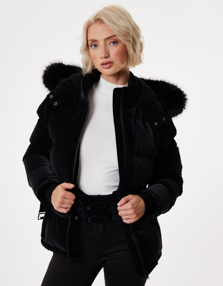 Black High Shine Belted Parka Ski Jacket