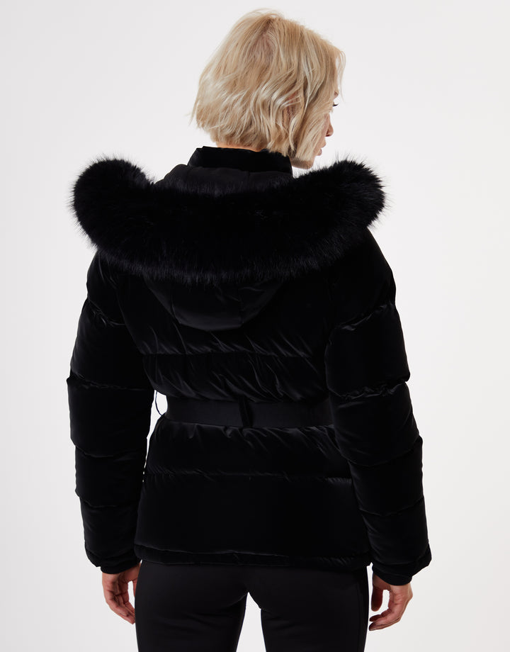 Black High Shine Belted Parka Ski Jacket