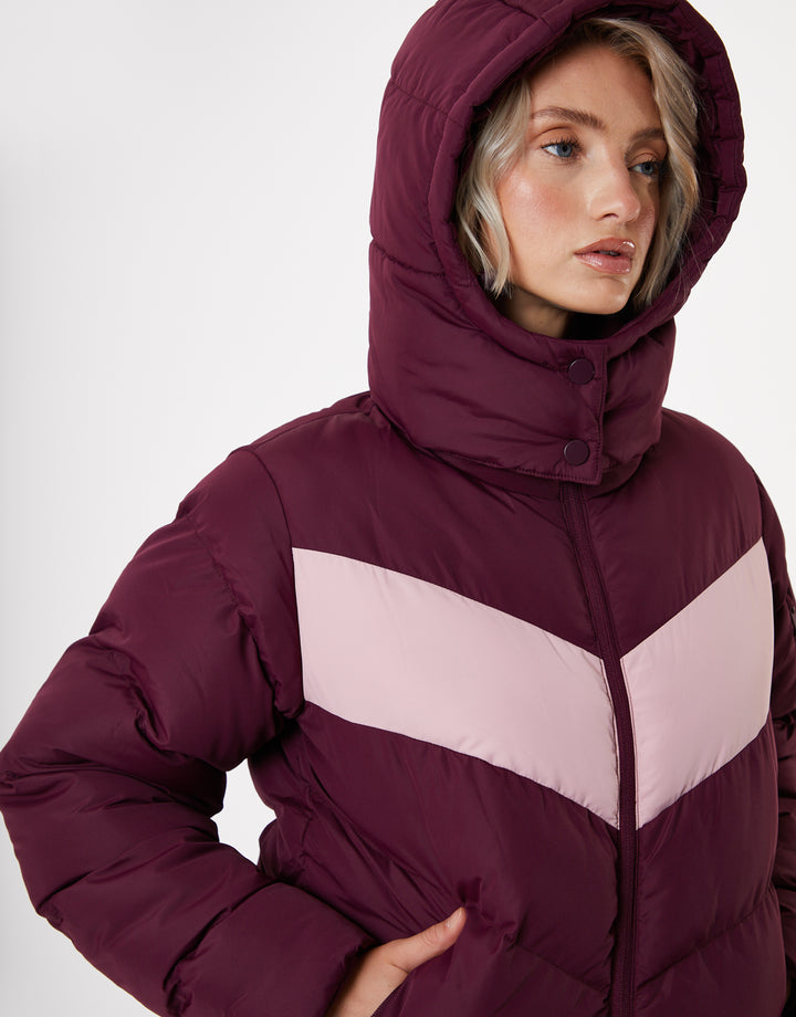 Berry Red Contrast Chevron Padded Ski Jacket