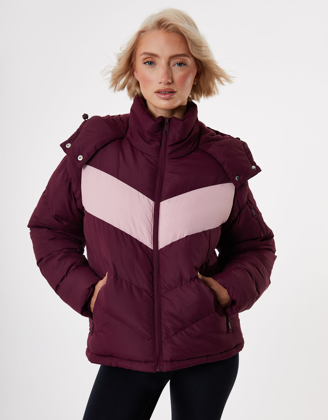 Berry Red Contrast Chevron Padded Ski Jacket