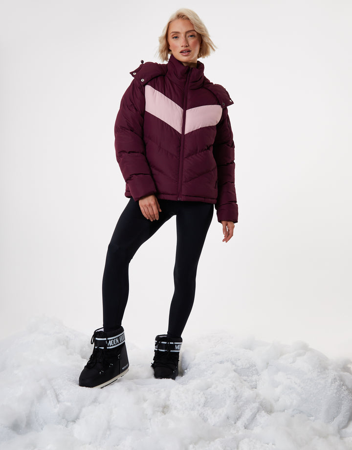 Berry Red Contrast Chevron Padded Ski Jacket