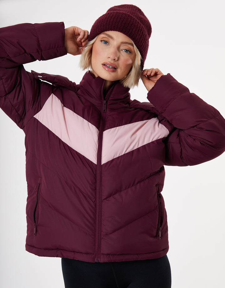 Berry Red Contrast Chevron Padded Ski Jacket