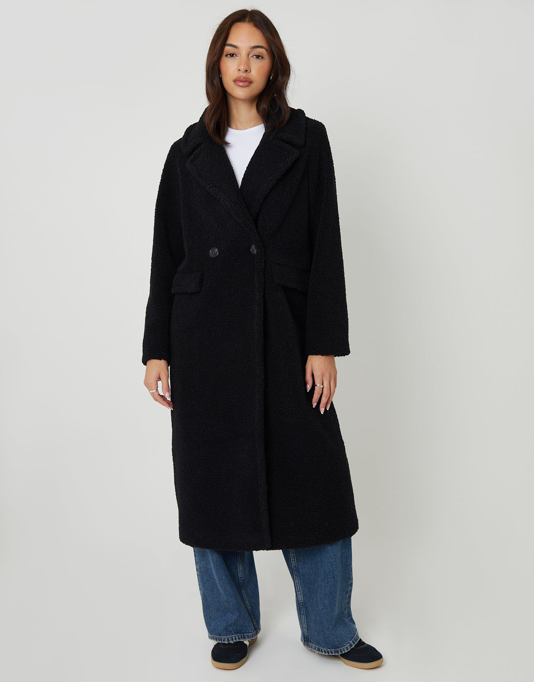 Black Longline Double Breasted Borg Coat