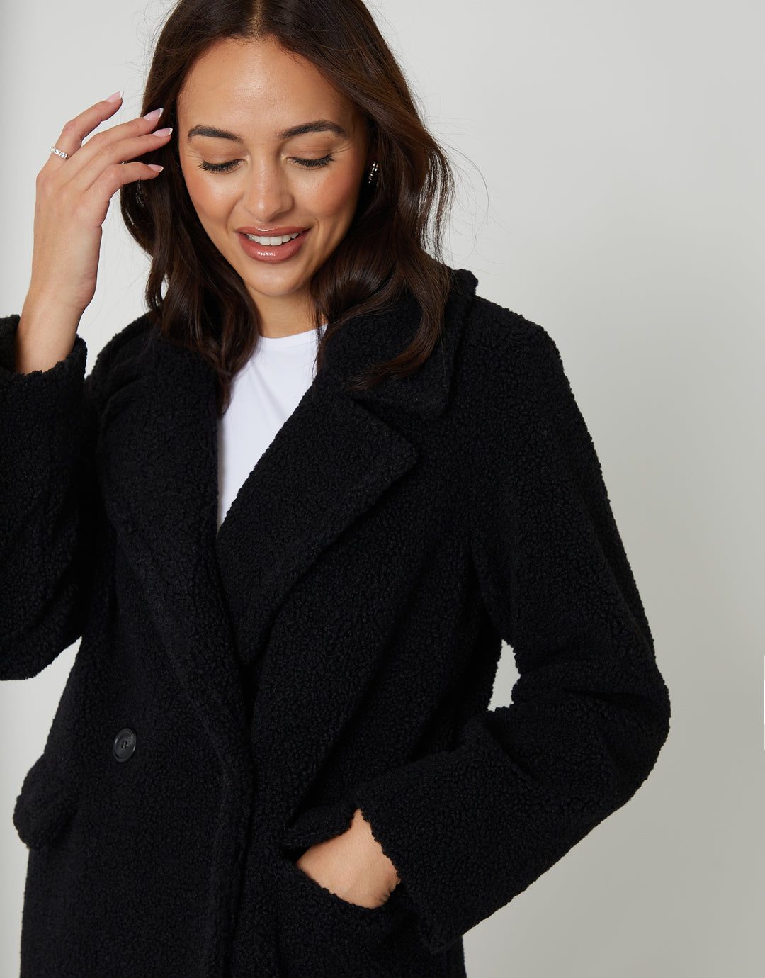 Black Longline Double Breasted Borg Coat