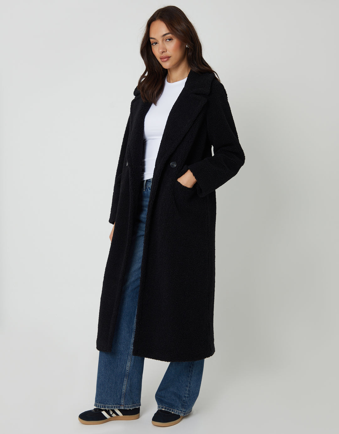 Black Longline Double Breasted Borg Coat