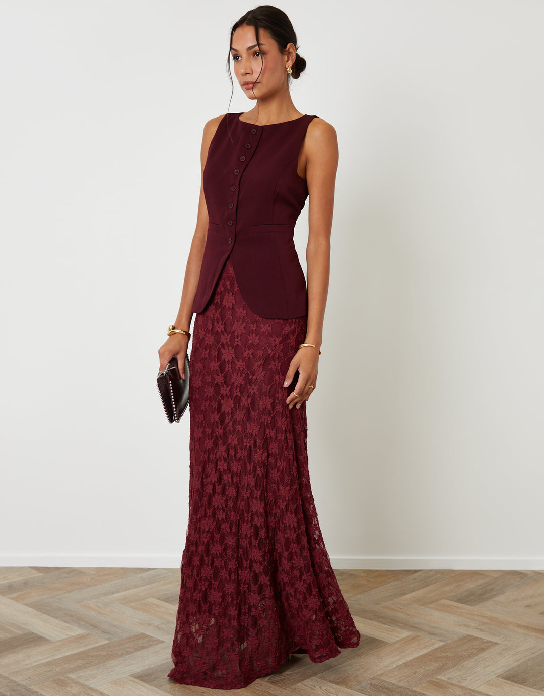 Berry Red Boat Neck Longline Waistcoat