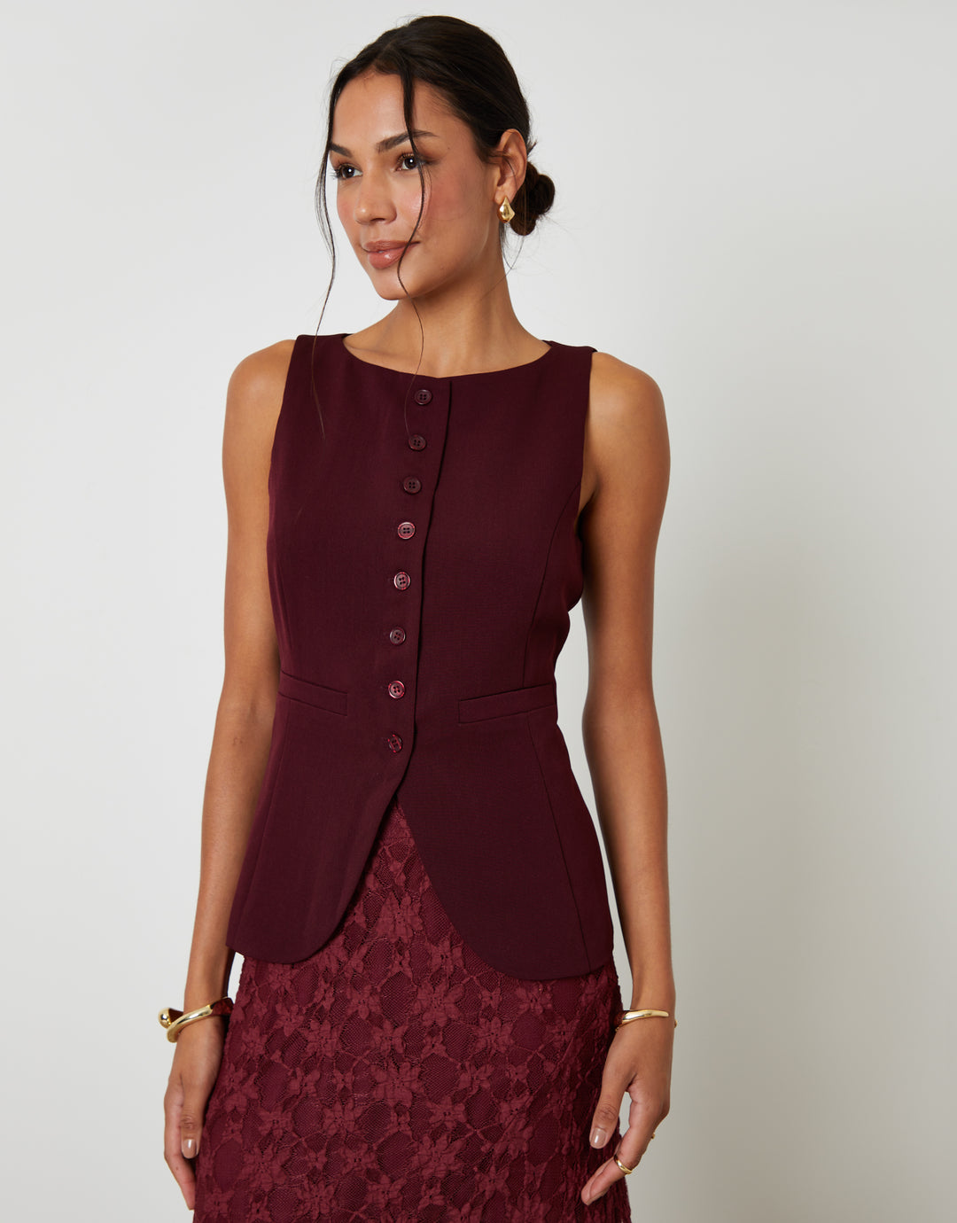 Berry Red Boat Neck Longline Waistcoat