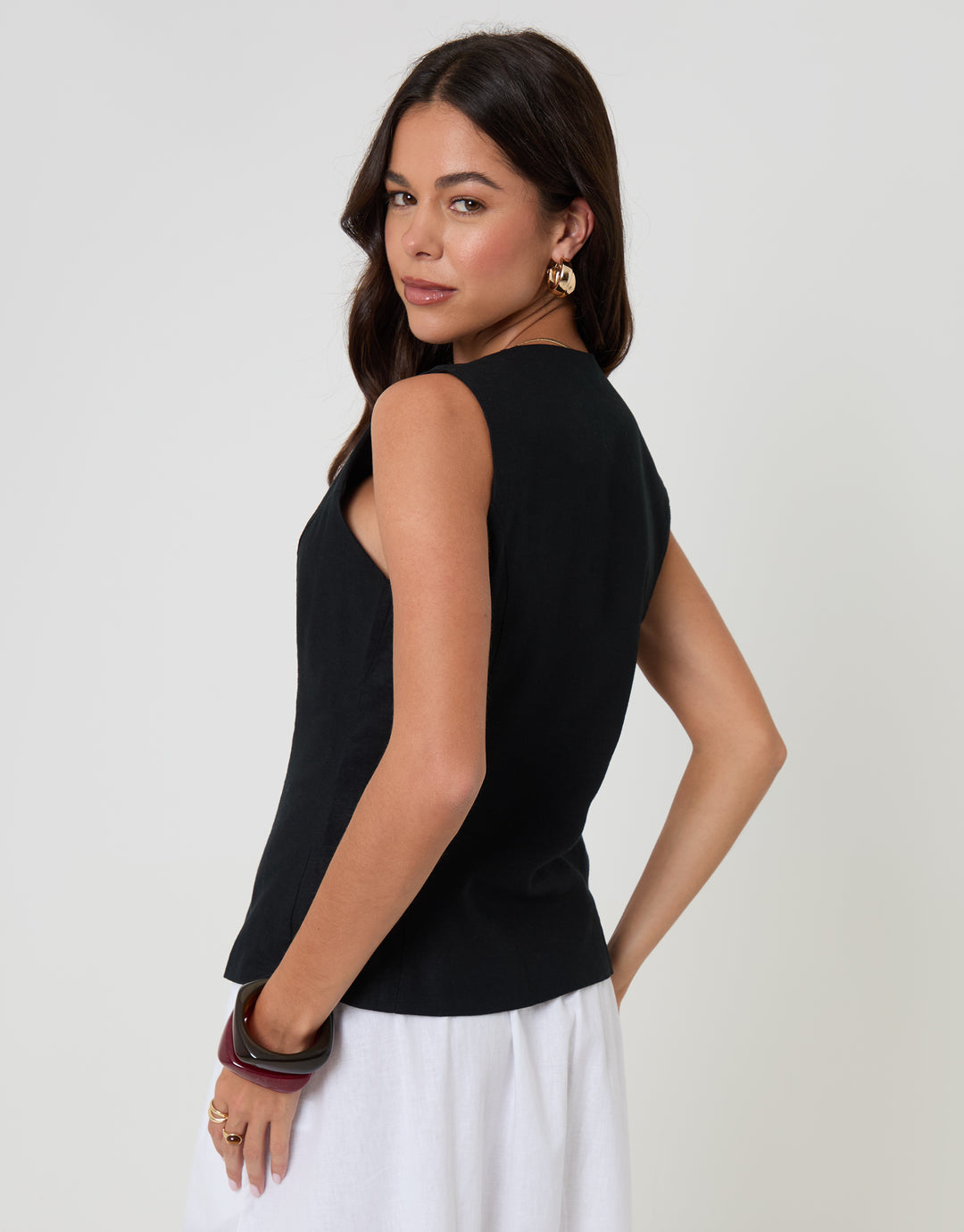 Black Linen Blend V-Neck Waistcoat