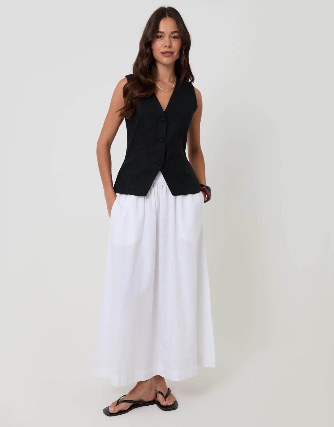 Black Linen Blend V-Neck Waistcoat