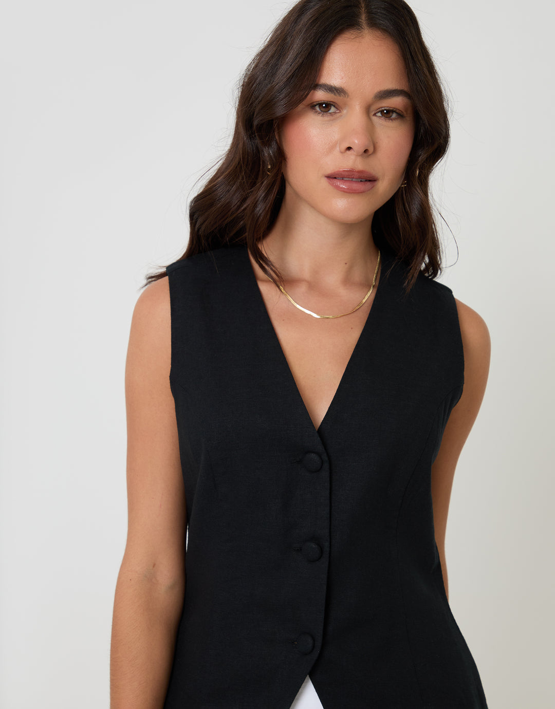 Black Linen Blend V-Neck Waistcoat
