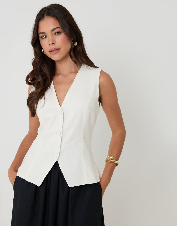 White Linen Blend V-Neck Waistcoat