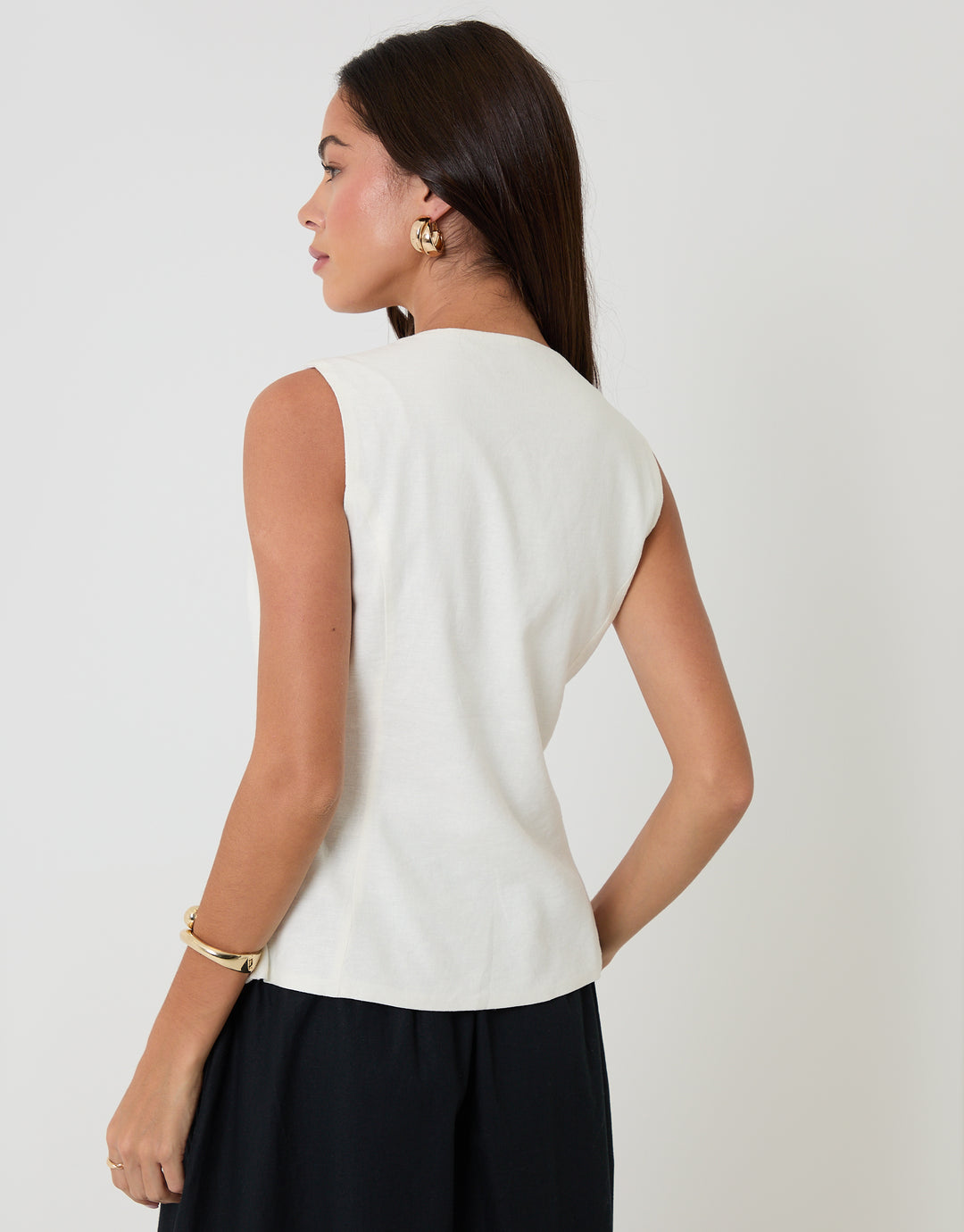 White Linen Blend V-Neck Waistcoat
