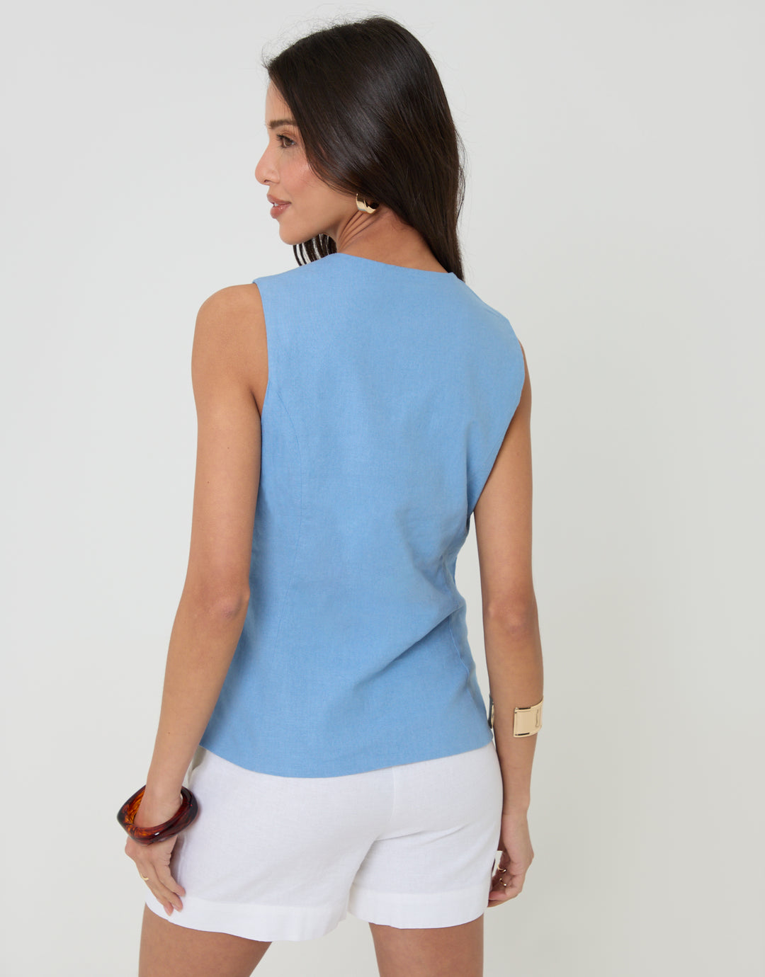 Threadbare Linen Blend V-Neck Waistcoat in Blue - back view