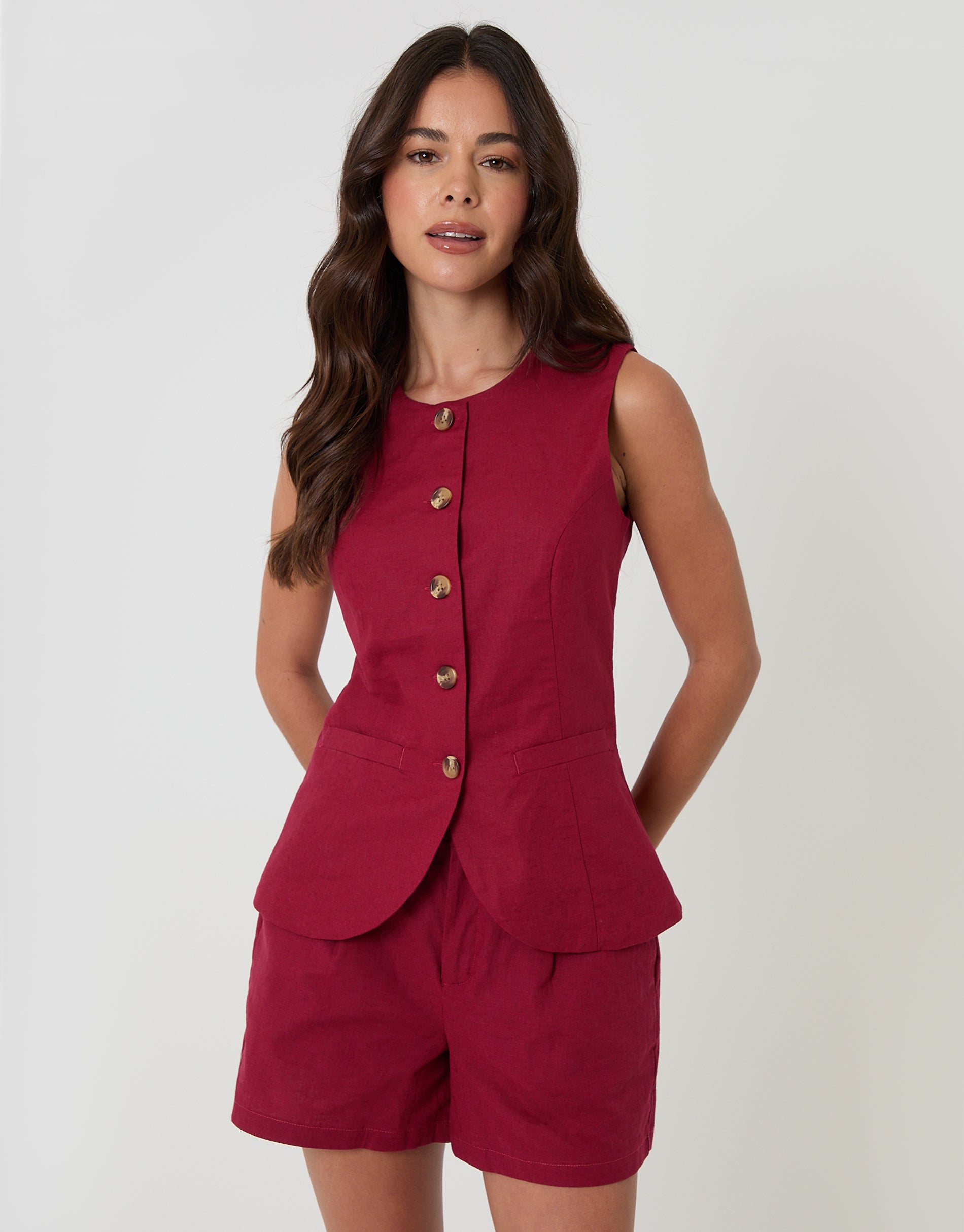 Red Linen Blend Longline Waistcoat