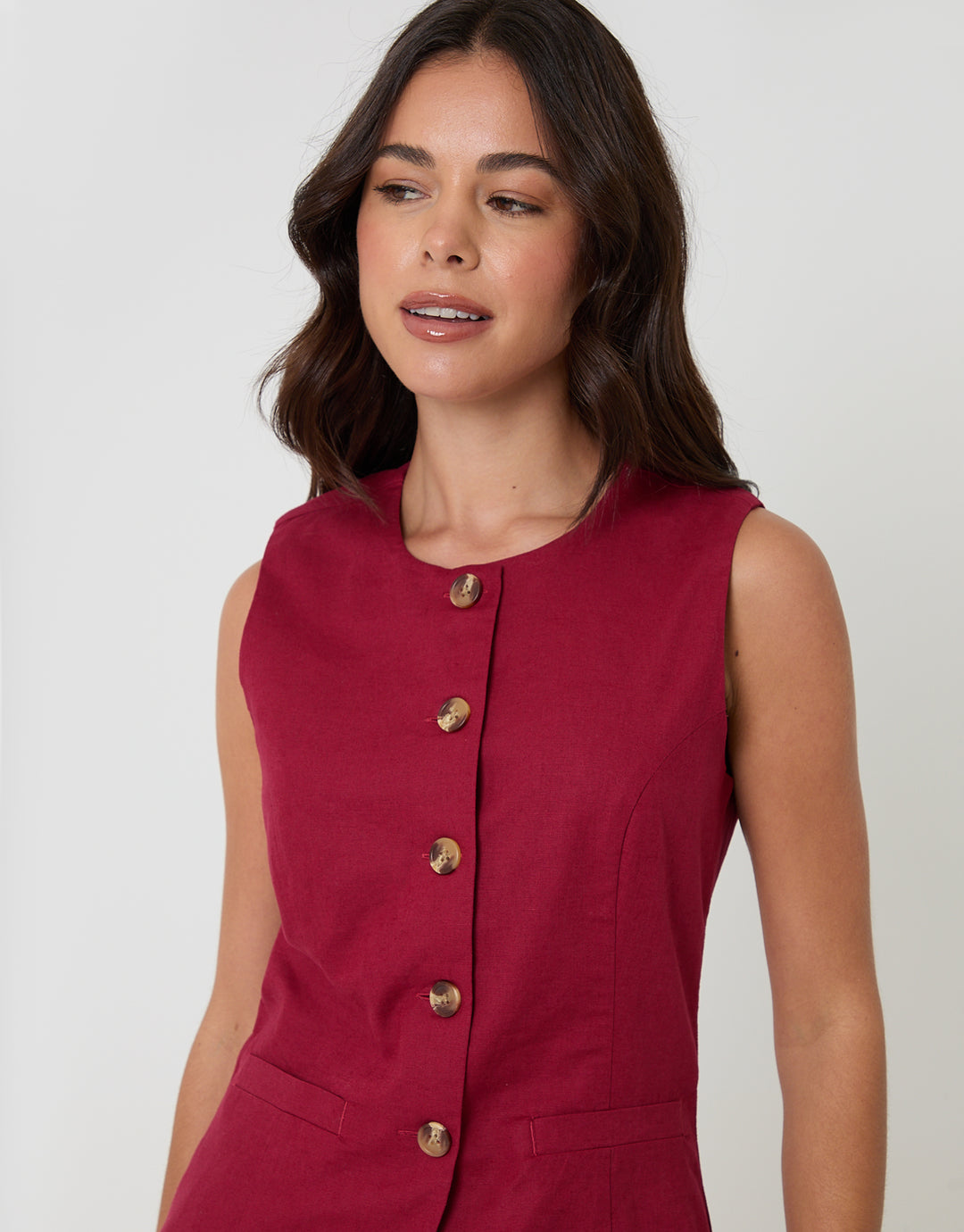 Red Linen Blend Longline Waistcoat