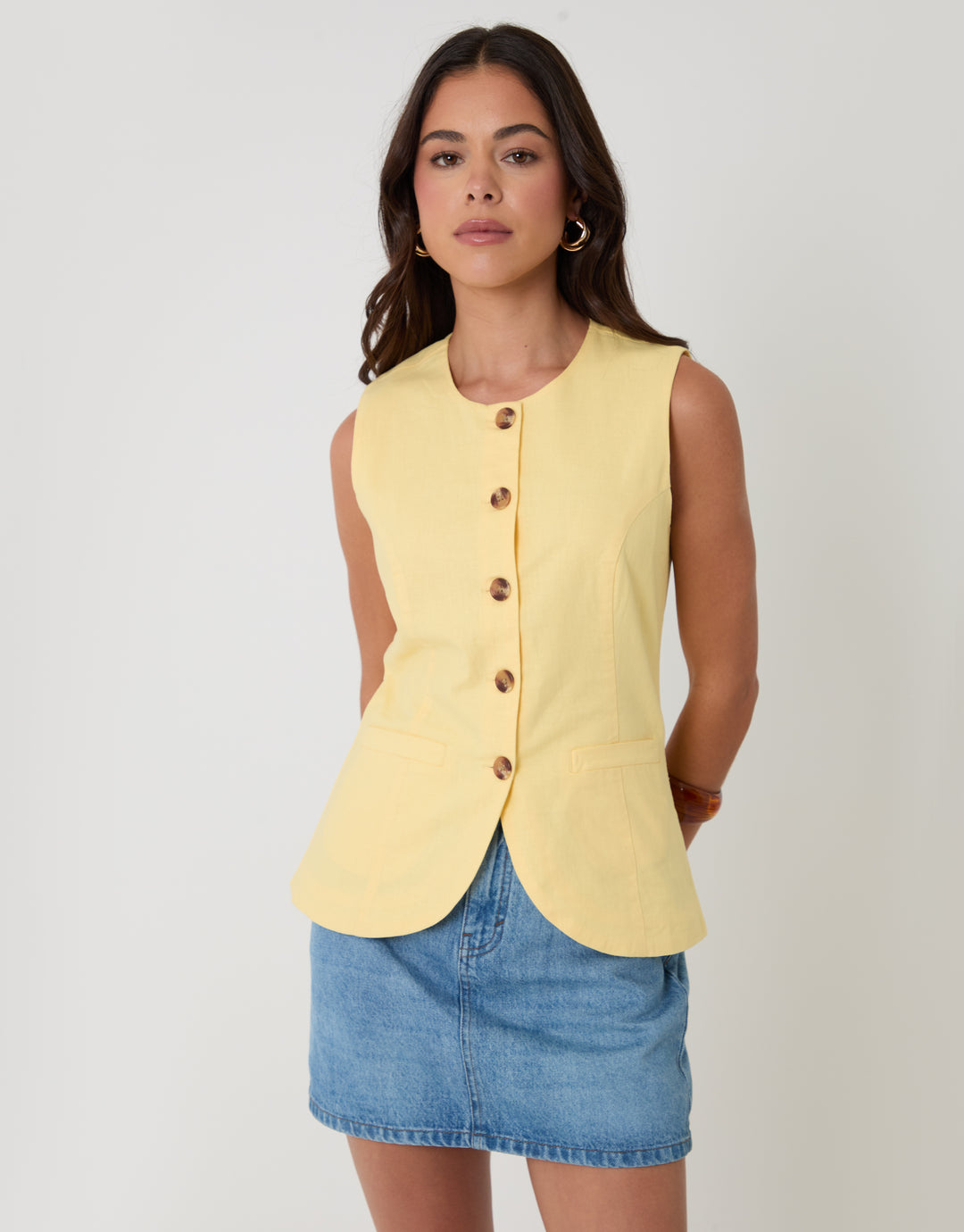 Yellow Linen Blend Longline Waistcoat