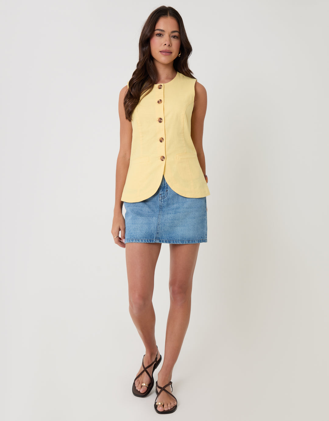 Yellow Linen Blend Longline Waistcoat