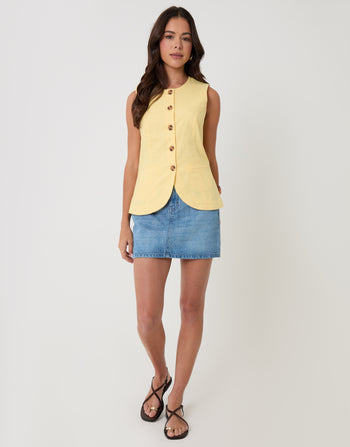 Threadbare Linen Blend Longline Waistcoat in Yellow - full body