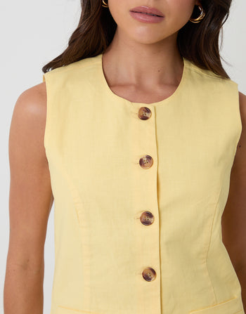 Threadbare Linen Blend Longline Waistcoat in Yellow - neckline close up