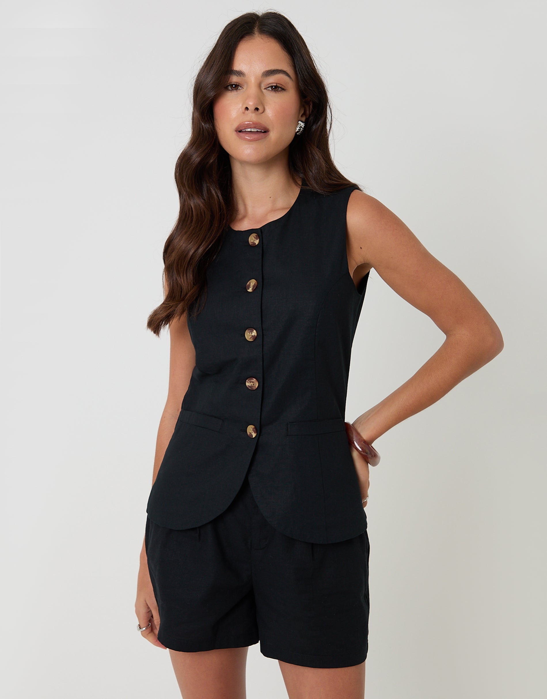 Linen Blend Longline Waistcoat in Black