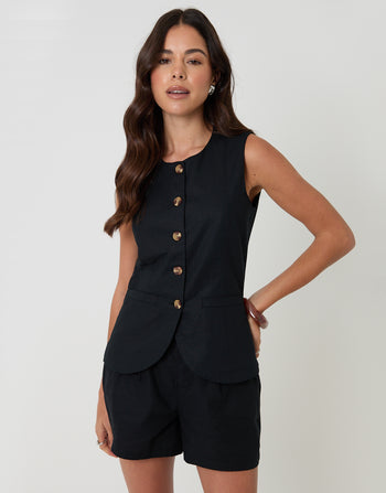 Threadbare Linen Blend Longline Waistcoat in Black - front view