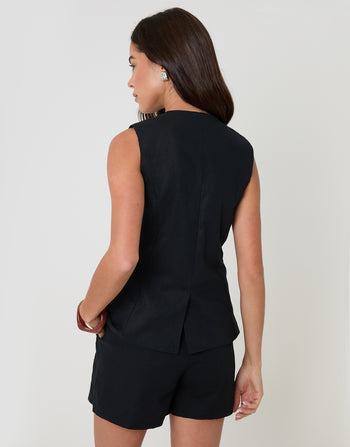 Threadbare Linen Blend Longline Waistcoat in Black - back view