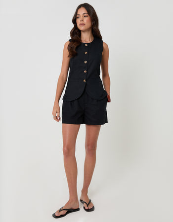 Threadbare Linen Blend Longline Waistcoat in Black - full body
