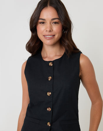 Threadbare Linen Blend Longline Waistcoat in Black - neckline close up