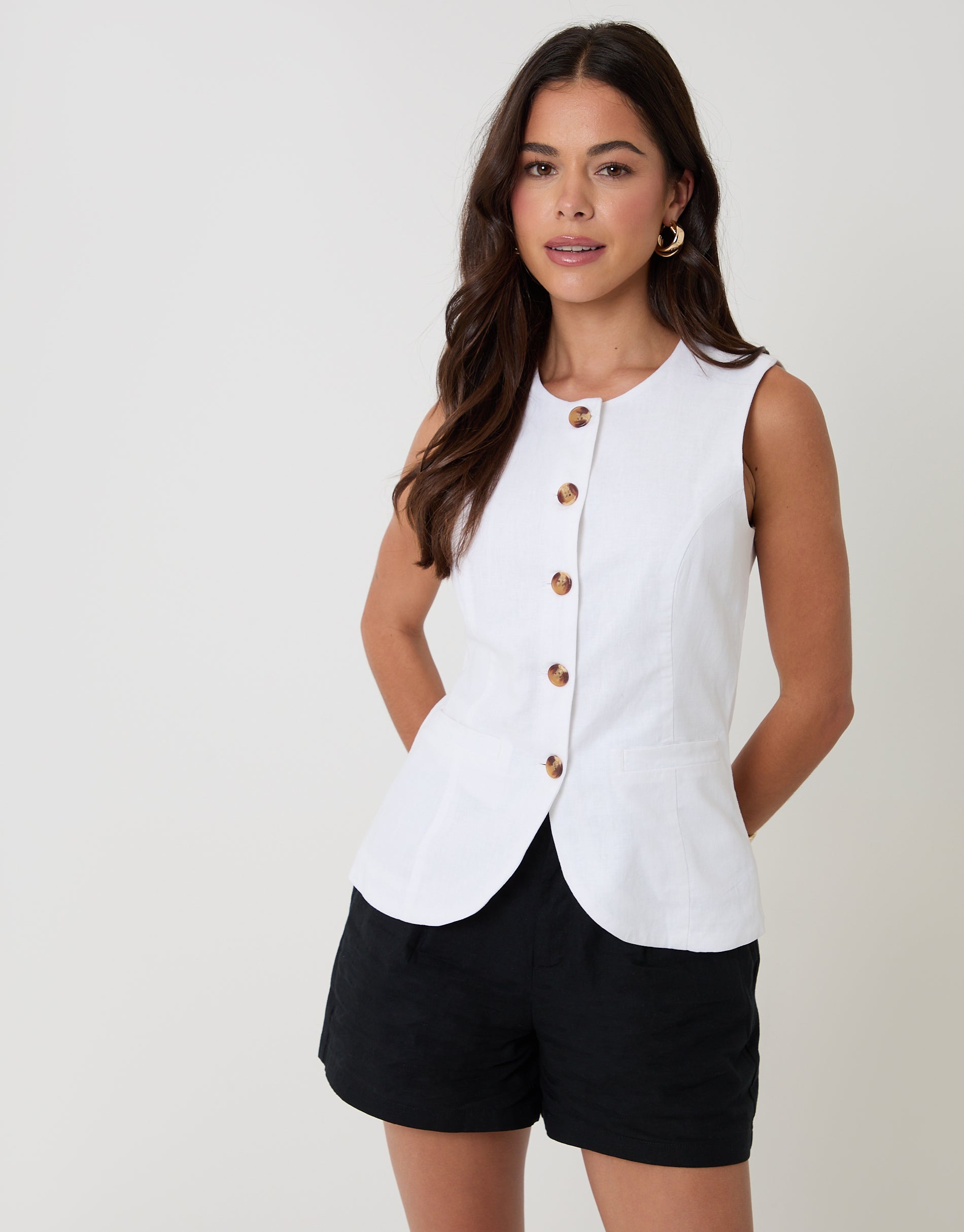 Linen Blend Longline Waistcoat in White