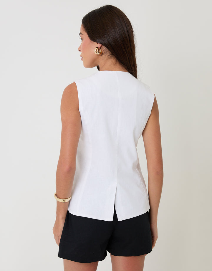 White Linen Blend Longline Waistcoat
